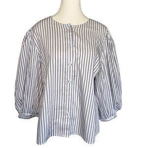 Madewell Women's 3/4 Puff Sleeve Button Up Striped Top Blue Size 14 Large Casual